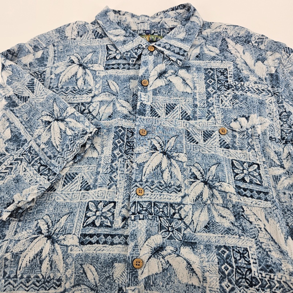 Campia Hawaiian Shirt XL Blue White Palm Tree Geometric 100% Rayon Button Up